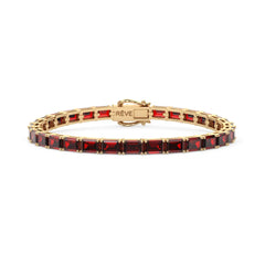 Bracelet de tennis en vermeil d'or jaune 18 carats orné d'un rubis sang de pigeon de laboratoire taille émeraude