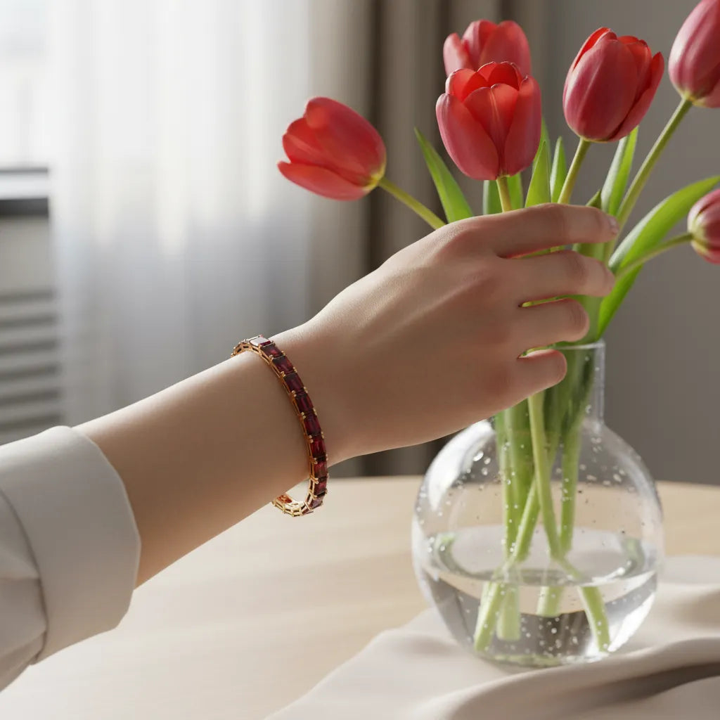 Bracelet de tennis en vermeil d'or jaune 18 carats orné d'un rubis sang de pigeon de laboratoire taille émeraude