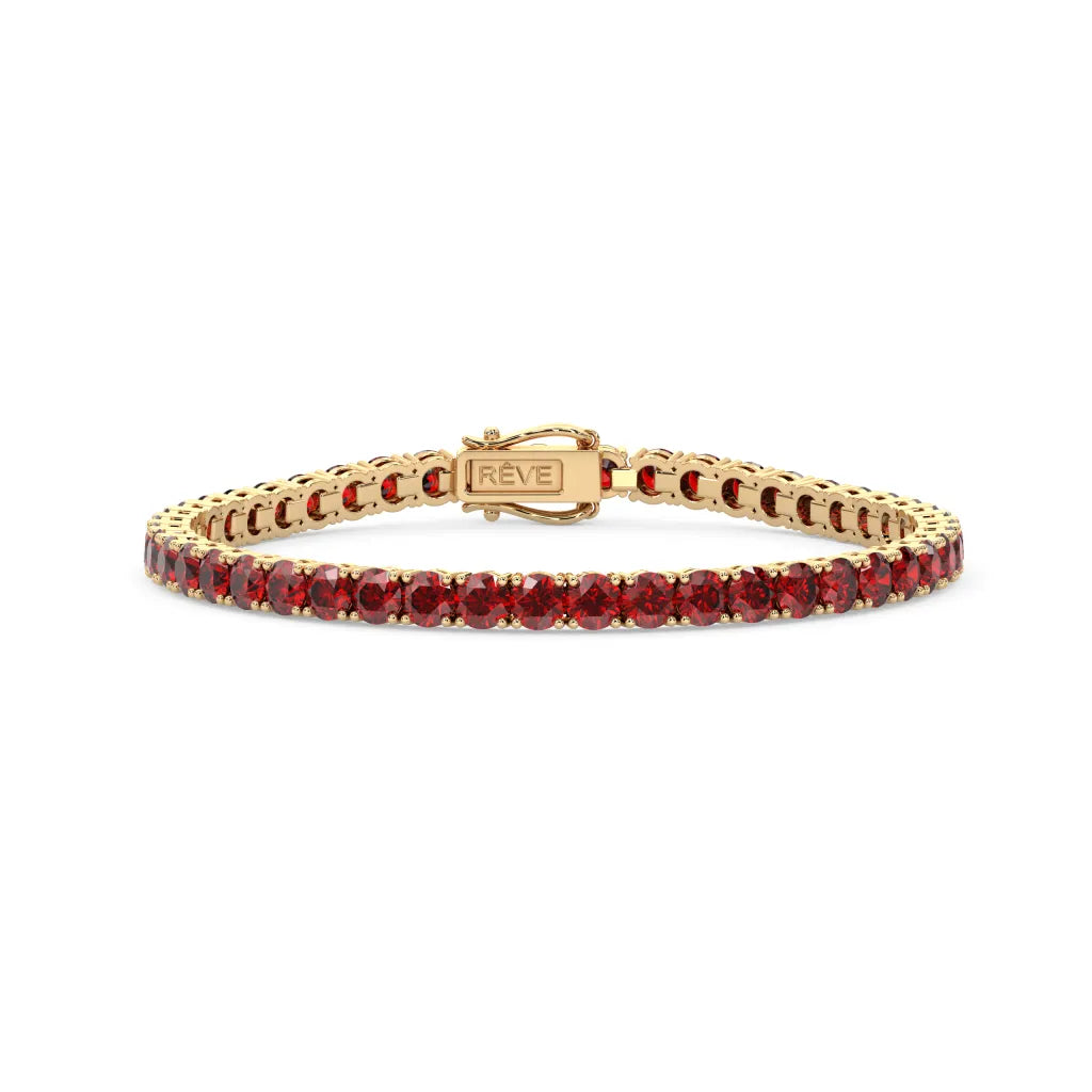 Bracelet de tennis en vermeil d'or jaune 18 carats serti d'un rubis rond de laboratoire couleur sang de pigeon de 14,7 ct.