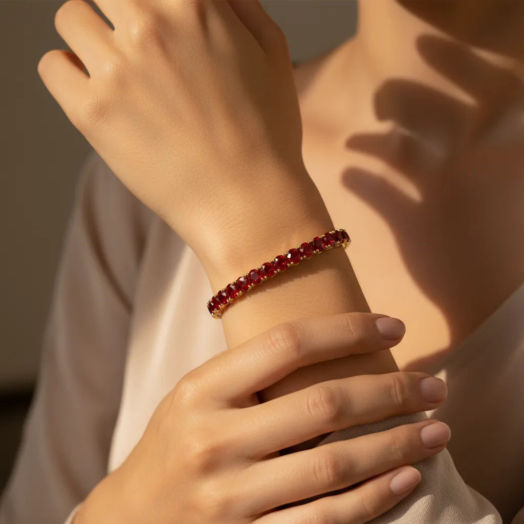 Bracelet de tennis en vermeil d'or jaune 18 carats serti d'un rubis rond de laboratoire couleur sang de pigeon de 14,7 ct.