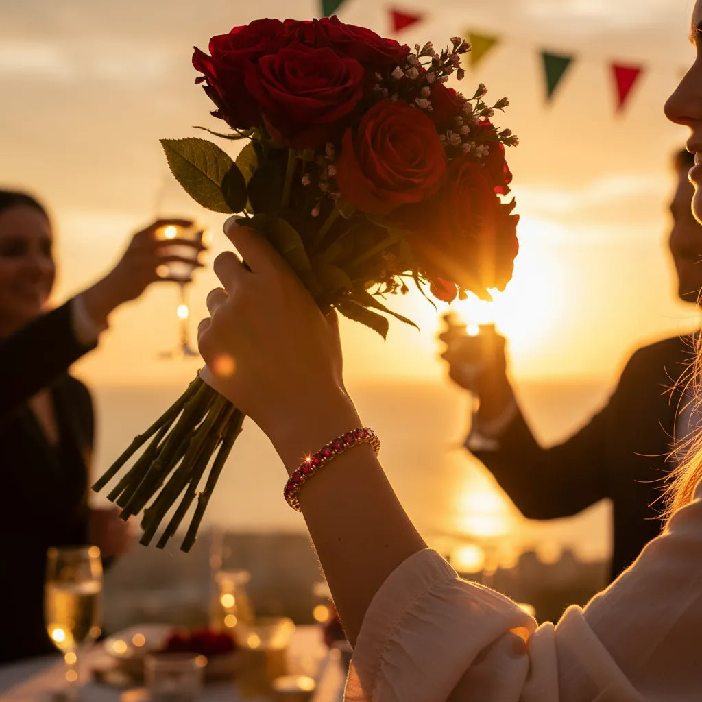 Bracelet de tennis en vermeil d'or jaune 18 carats serti d'un rubis rond de laboratoire couleur sang de pigeon de 14,7 ct.