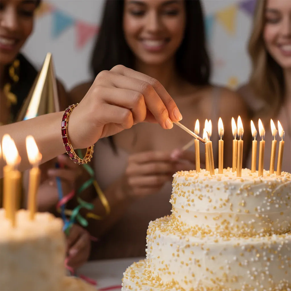 Bracelet de tennis en vermeil d'or jaune 18 carats orné d'un rubis sang de pigeon de laboratoire taille émeraude