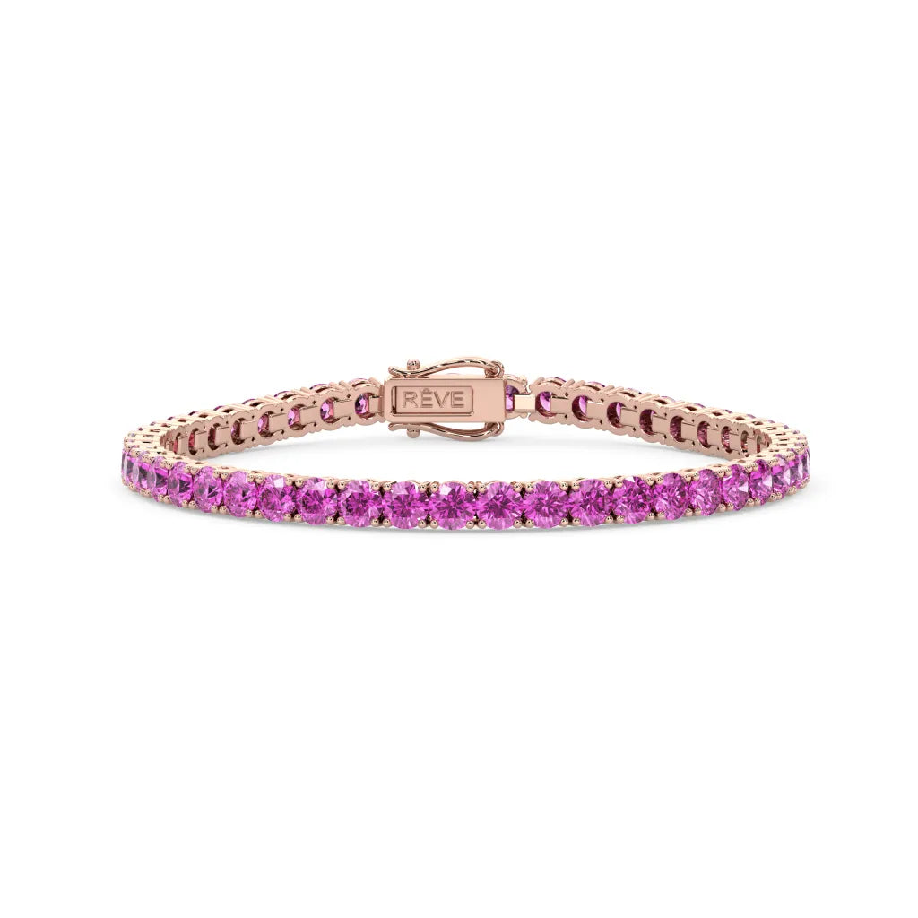 Bracelet de tennis en vermeil or rose 18 carats avec saphir rose de laboratoire rond de 11,6 ct