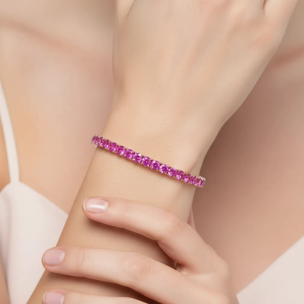 Bracelet de tennis en vermeil or rose 18 carats avec saphir rose de laboratoire rond de 11,6 ct