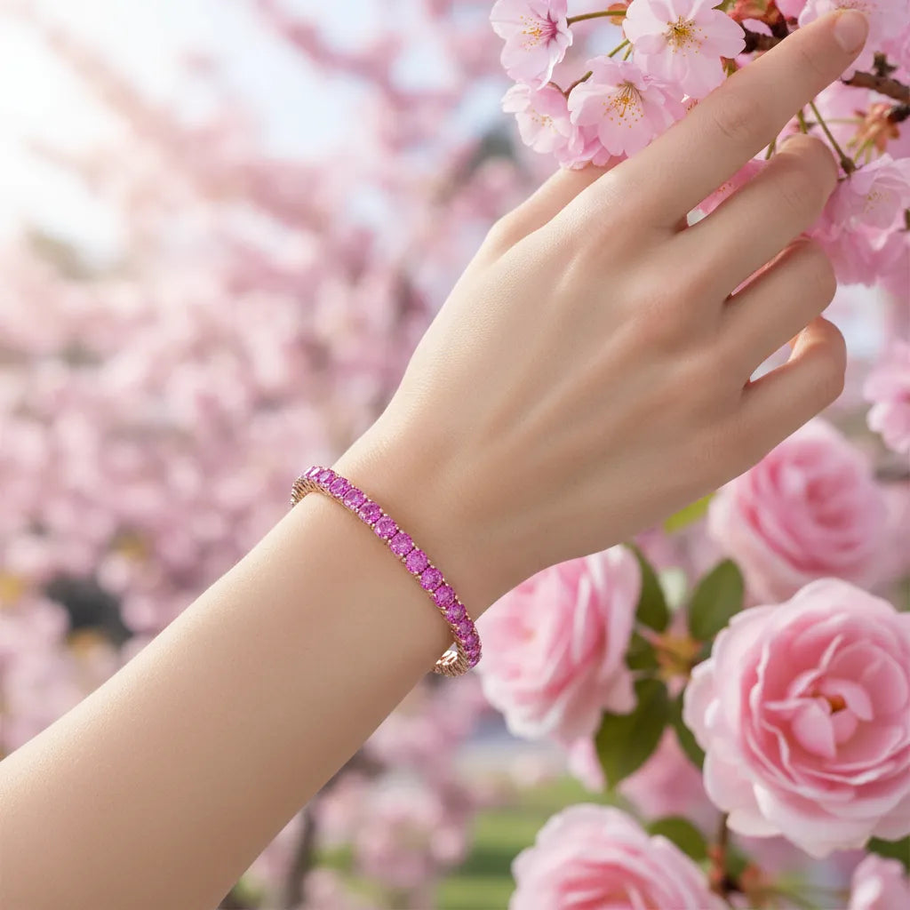 Bracelet de tennis en vermeil or rose 18 carats avec saphir rose de laboratoire rond de 11,6 ct