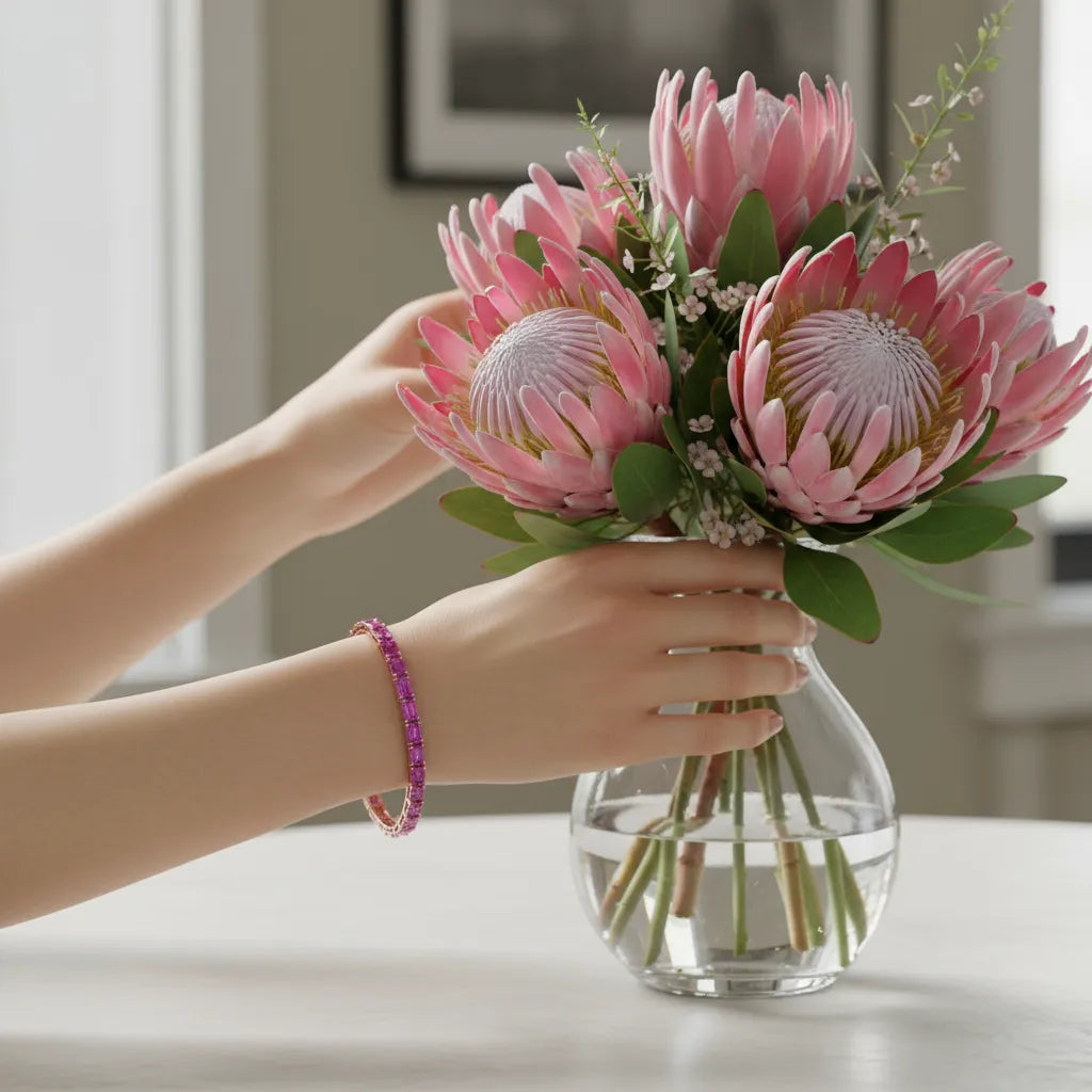 Tennisarmband mit smaragdgeschliffenem (6x4mm) pinkfarbenem Laborsaphir in 18K Roségold-Vermeil