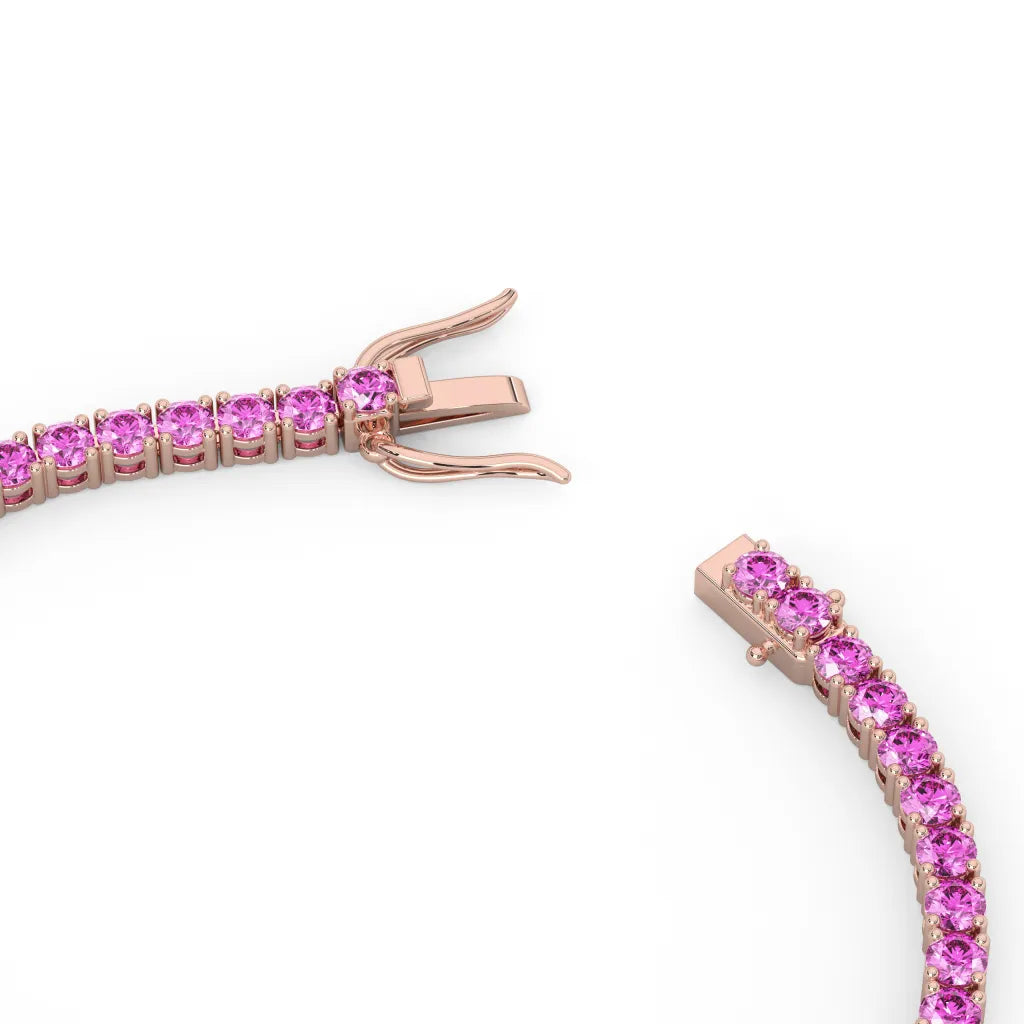 Bracelet de tennis en vermeil or rose 18 carats avec saphir rose de laboratoire rond de 11,6 ct
