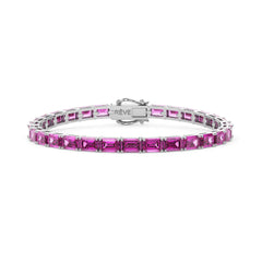 Bracelet de tennis en vermeil d'or blanc 18 carats et saphir rose de laboratoire taille émeraude