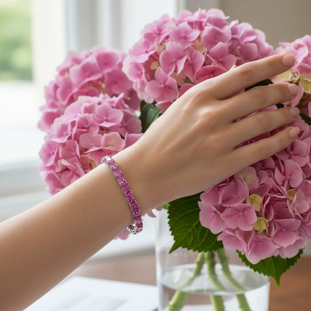 Bracelet de tennis en vermeil d'or blanc 18 carats et saphir rose de laboratoire taille émeraude