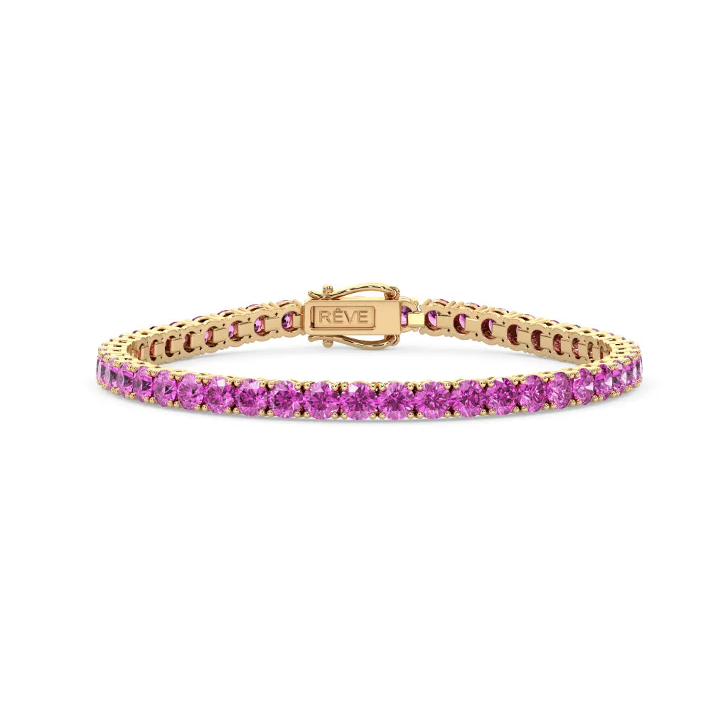 Bracelet de tennis en vermeil d'or jaune 18 carats avec saphir rose de laboratoire rond de 11,6 ct