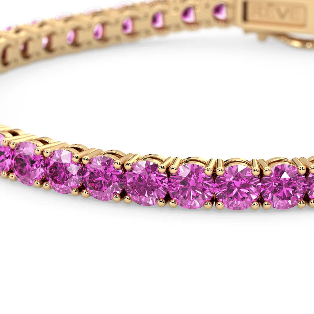 Bracelet de tennis en vermeil d'or jaune 18 carats avec saphir rose de laboratoire rond de 11,6 ct