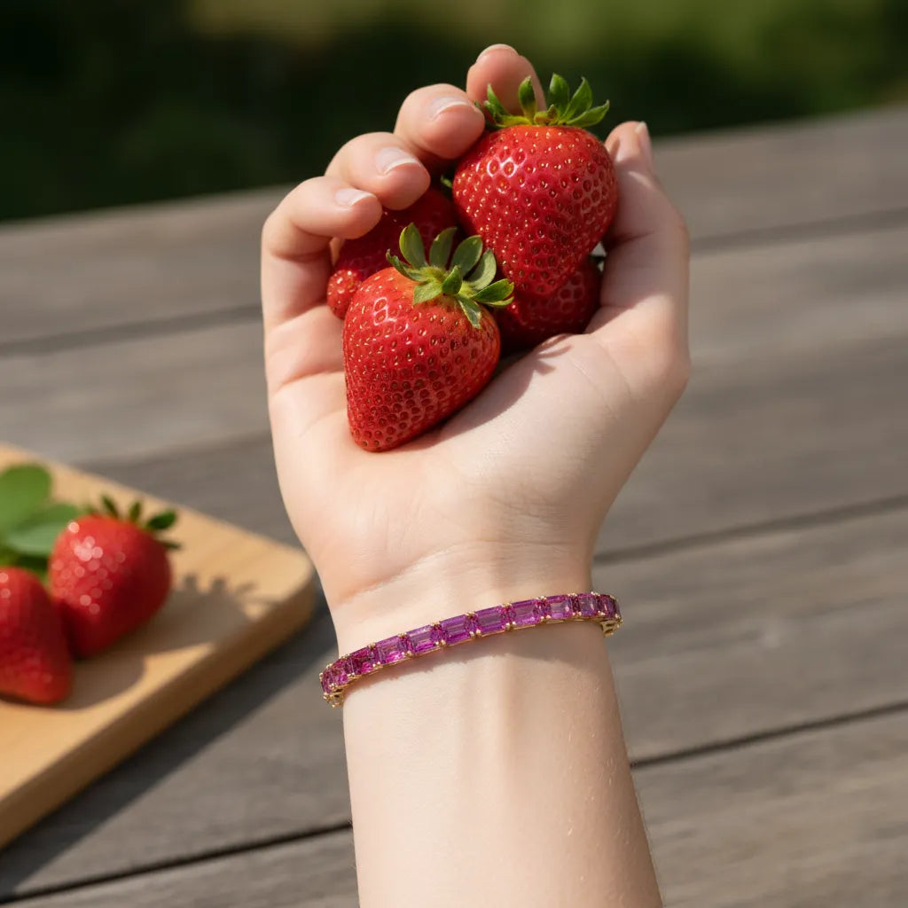 Tennisarmband mit smaragdgeschliffenem (6x4mm) rosa Laborsaphir in 18K Gelbgold-Vermeil