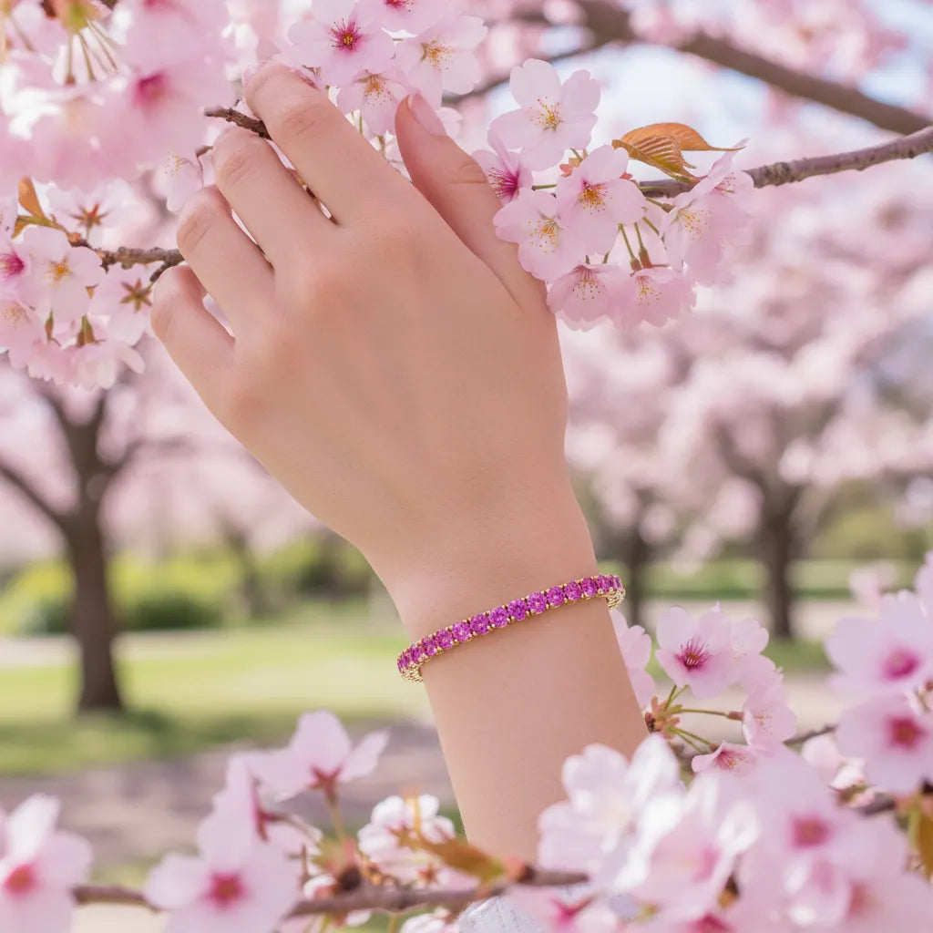 Bracelet de tennis en vermeil d'or jaune 18 carats avec saphir rose de laboratoire rond de 11,6 ct