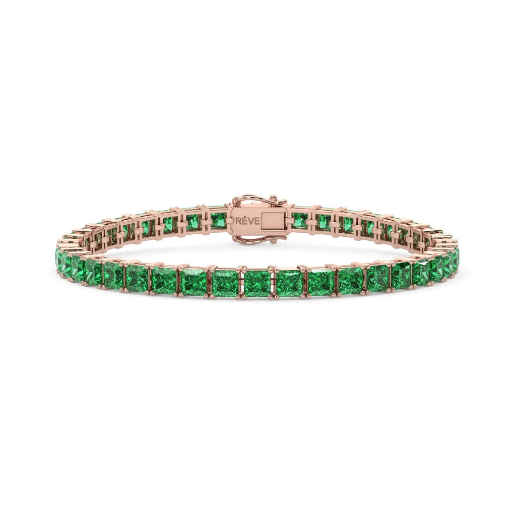 Bracelet de tennis Princess Lab en vermeil d'or rose 18 carats et émeraudes colombiennes