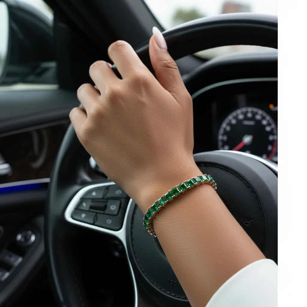 Bracelet de tennis Princess Lab en vermeil d'or rose 18 carats et émeraudes colombiennes