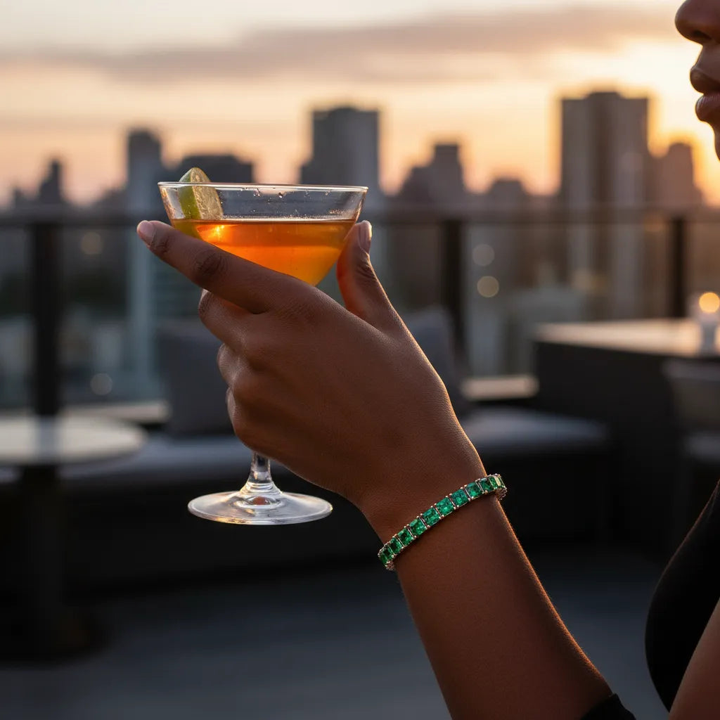 Bracelet de tennis Princess Lab en vermeil d'or rose 18 carats et émeraudes colombiennes