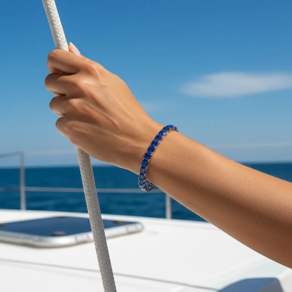 Bracelet de tennis Princess Lab en vermeil d'or blanc 18 carats et saphir bleuet