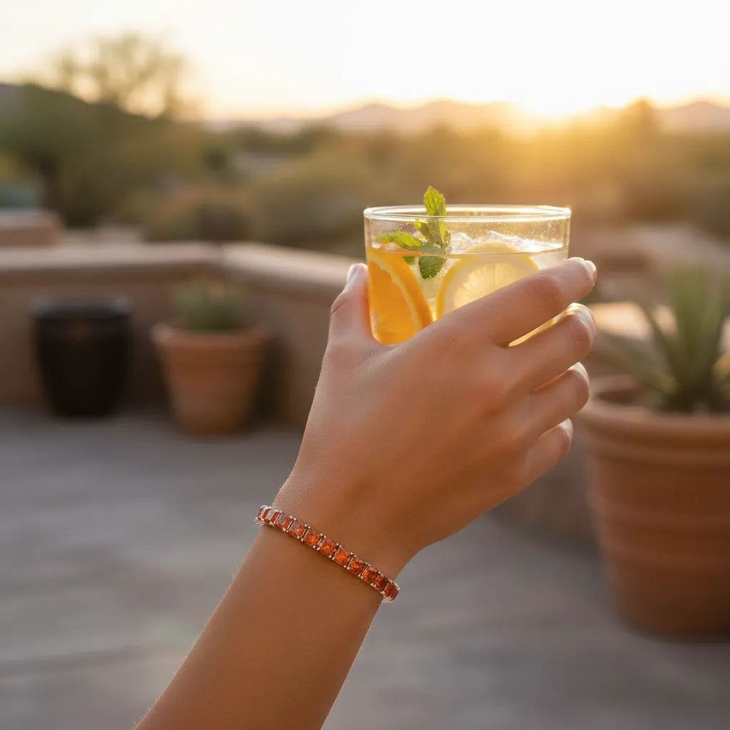 Prinzessin (4 mm) Tennisarmband mit orangefarbenem Laborsaphir in 18 Karat Weißgold-Vermeil