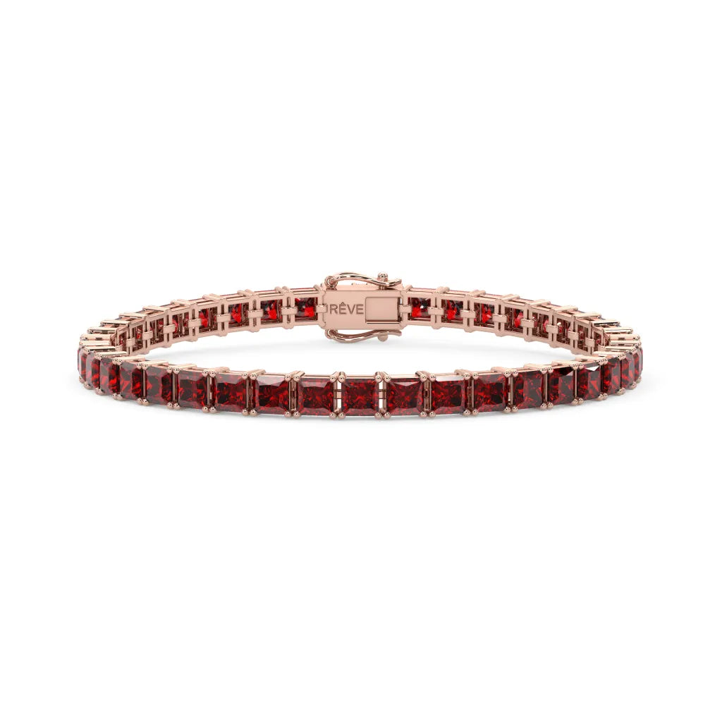 Bracelet de tennis Princess Lab en vermeil or rose 18 carats orné d'un rubis sang de pigeon