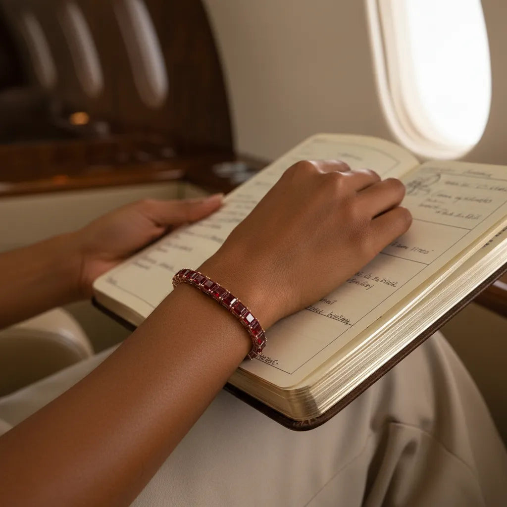 Bracelet de tennis Princess Lab en vermeil or rose 18 carats orné d'un rubis sang de pigeon