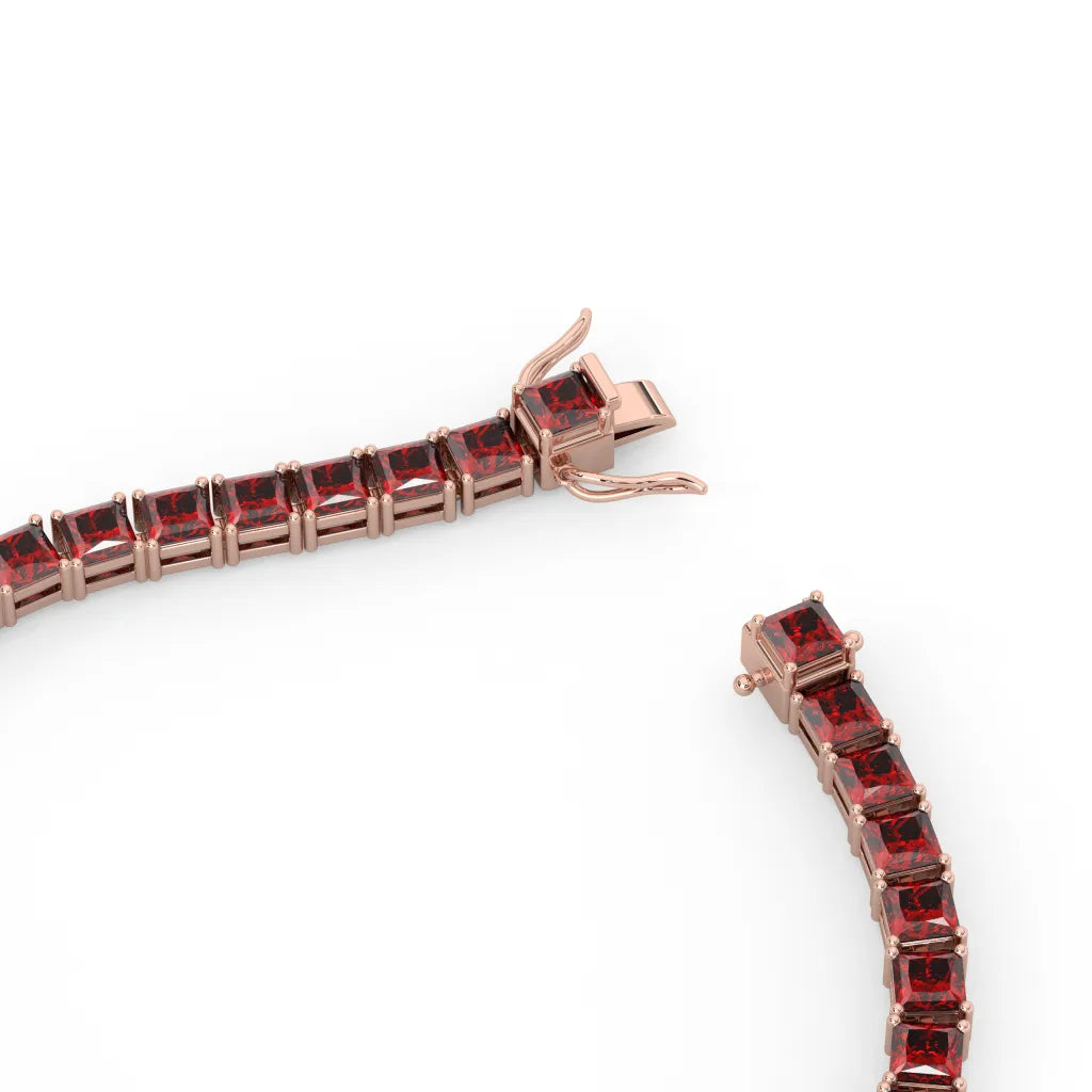 Bracelet de tennis Princess Lab en vermeil or rose 18 carats orné d'un rubis sang de pigeon