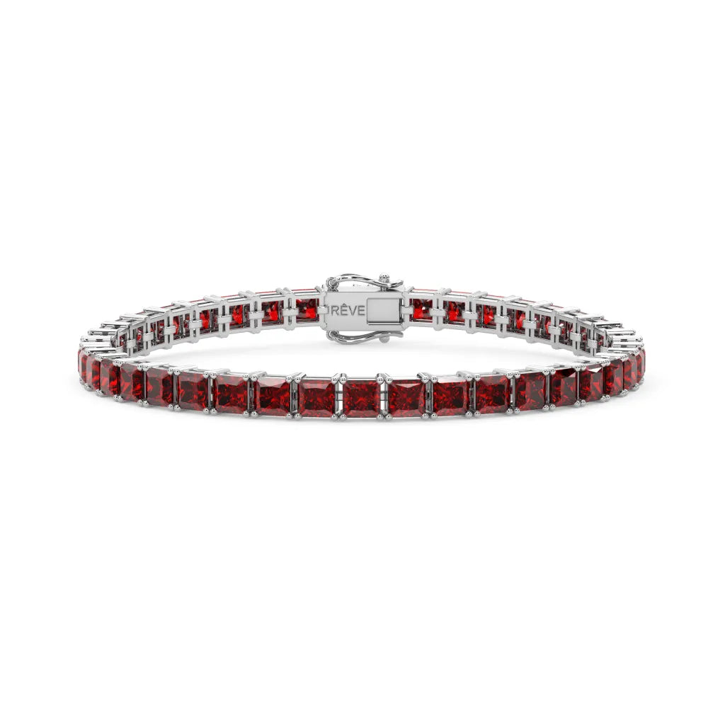 Bracelet de tennis Princess Lab en vermeil d'or blanc 18 carats orné d'un rubis sang de pigeon