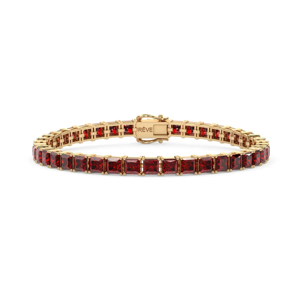 Bracelet de tennis Princess Lab en vermeil d'or jaune 18 carats orné d'un rubis sang de pigeon