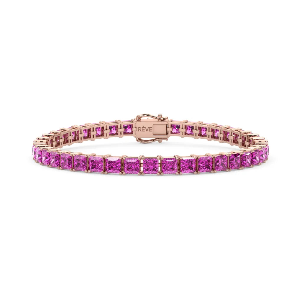 Bracelet de tennis Princess Lab en saphir rose et vermeil or rose 18 carats