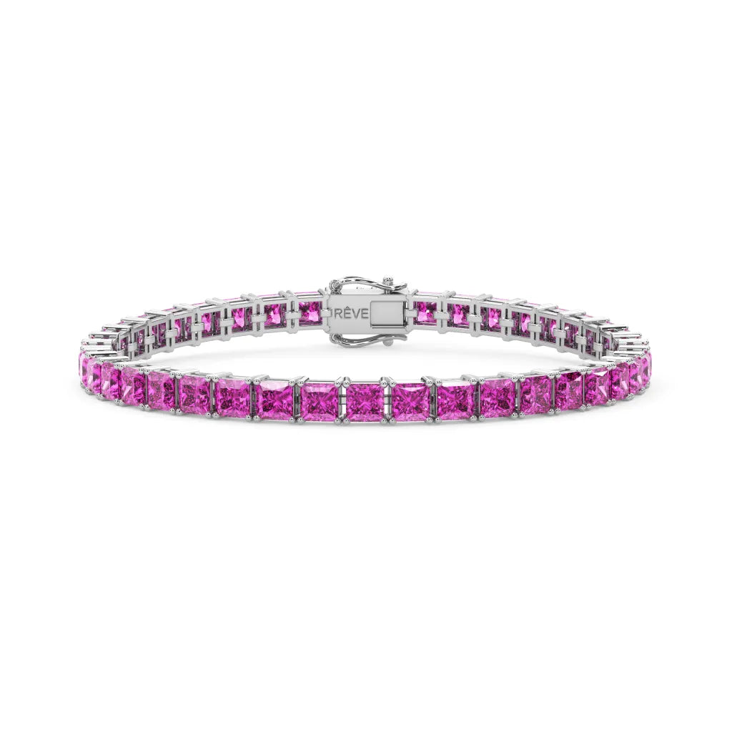 Bracelet de tennis Princess Lab en saphir rose et vermeil en or blanc 18 carats