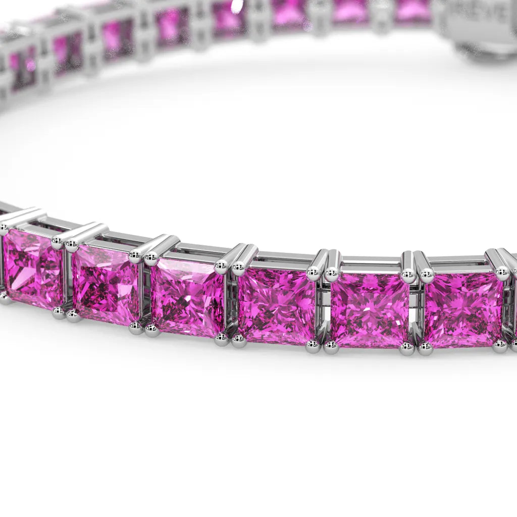 Bracelet de tennis Princess Lab en saphir rose et vermeil en or blanc 18 carats