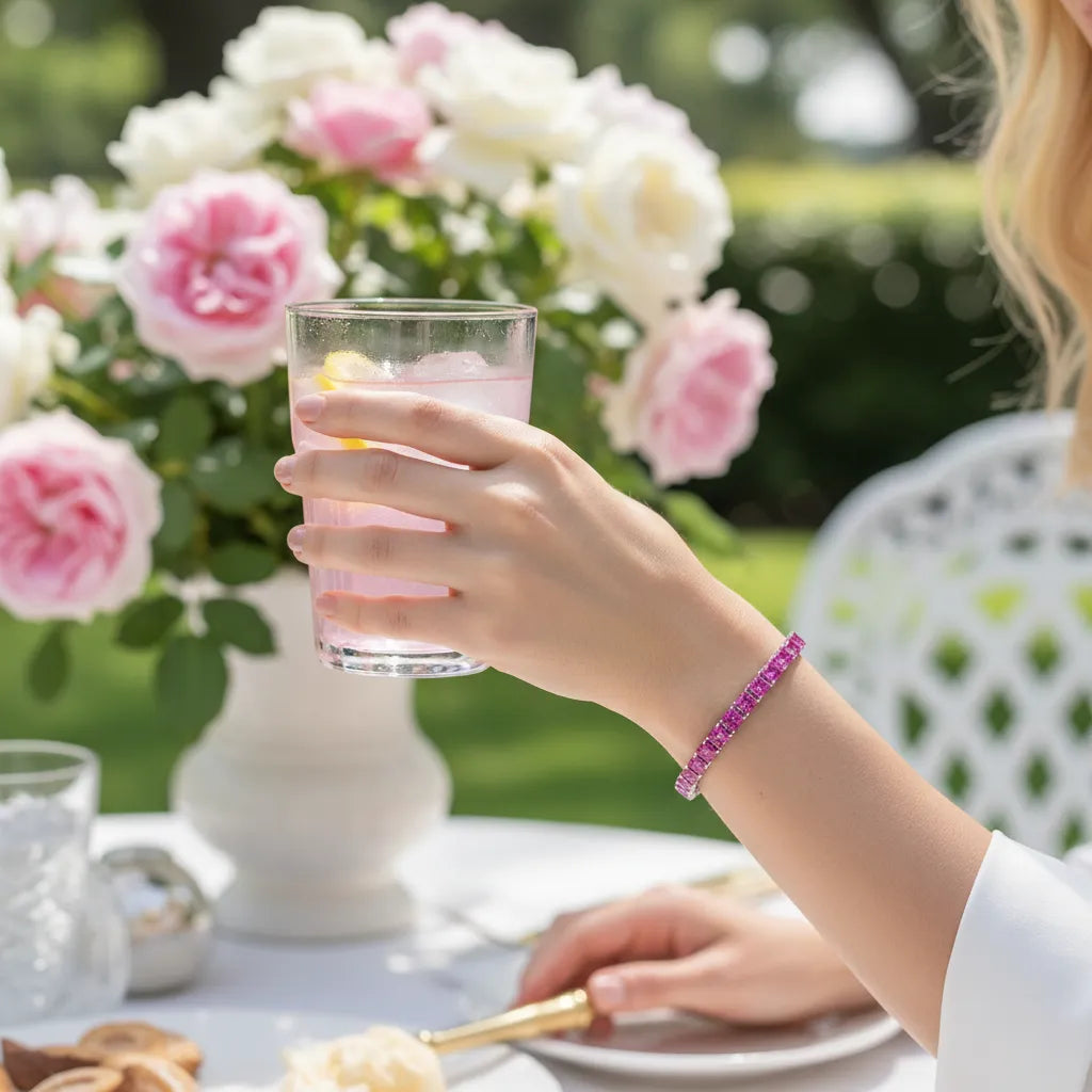 Bracelet de tennis Princess Lab en saphir rose et vermeil en or blanc 18 carats