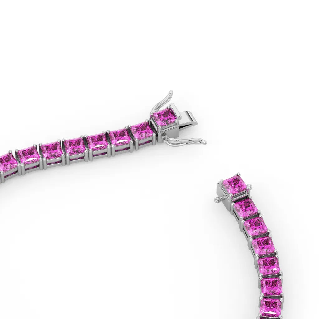 Bracelet de tennis Princess Lab en saphir rose et vermeil en or blanc 18 carats