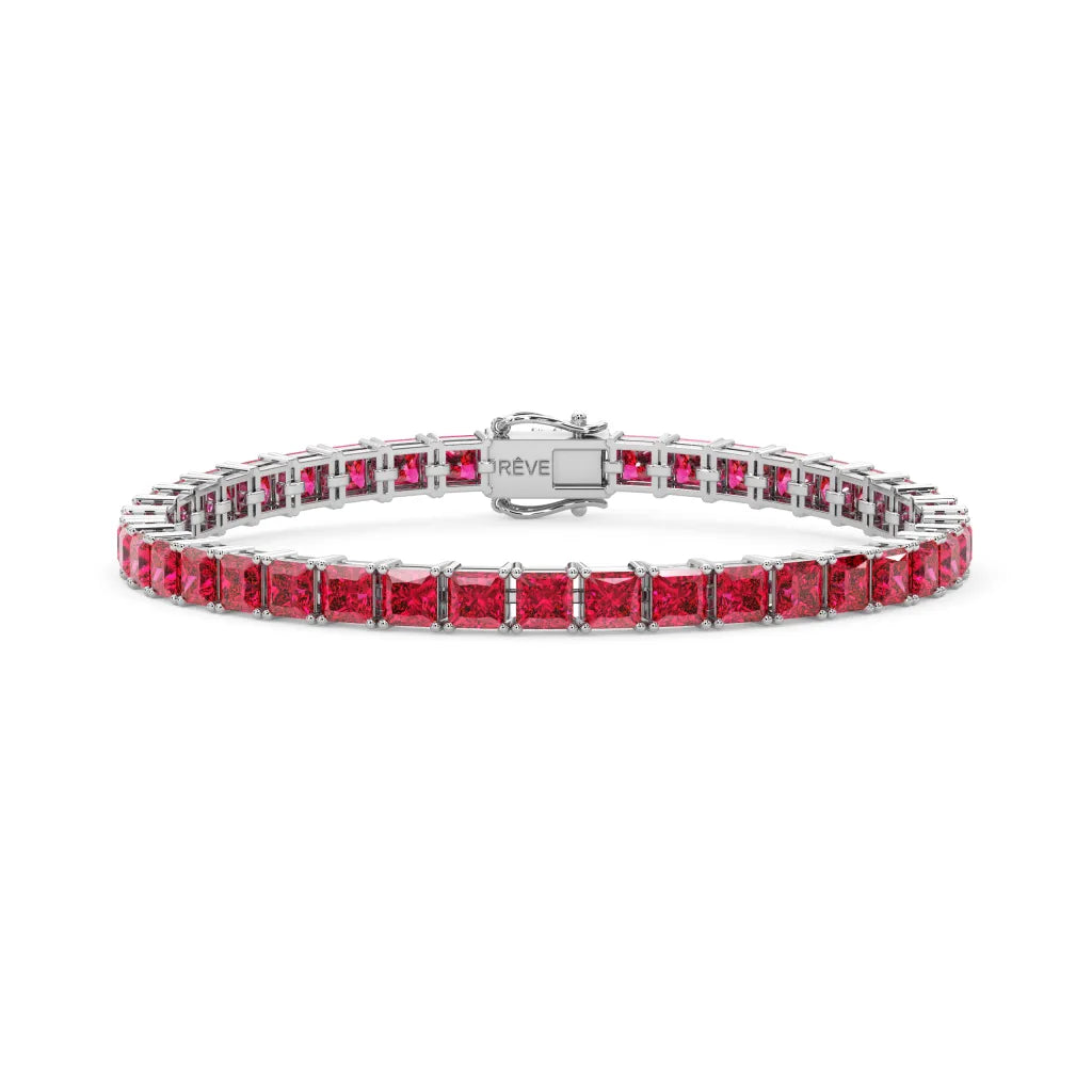 Bracelet de tennis Princess Lab Rose Red Ruby en vermeil d'or blanc 18 carats