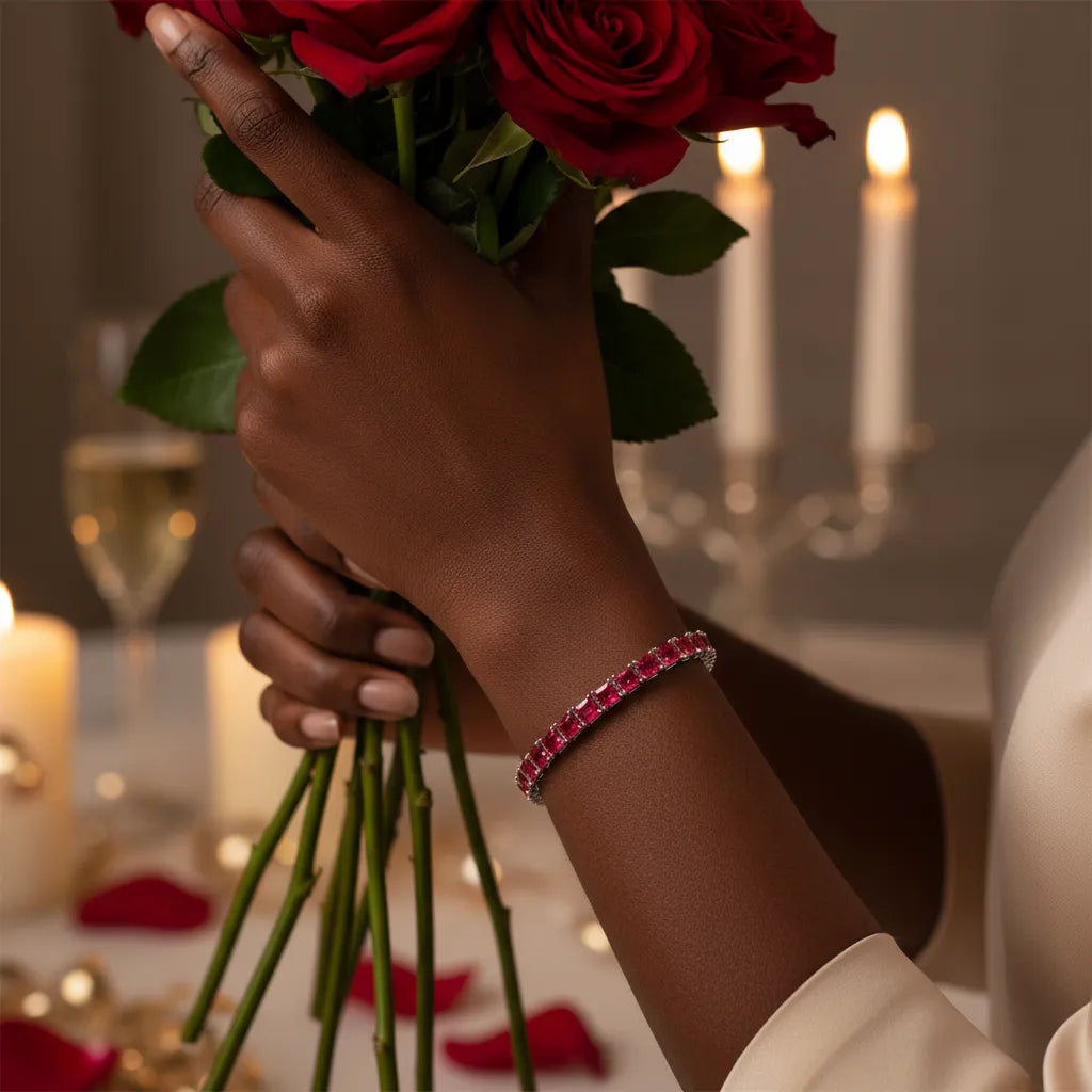 Bracelet de tennis Princess Lab Rose Red Ruby en vermeil d'or blanc 18 carats