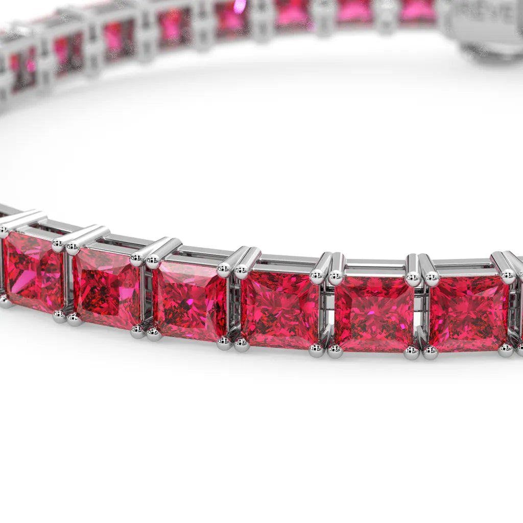 Bracelet de tennis Princess Lab Rose Red Ruby en vermeil d'or blanc 18 carats