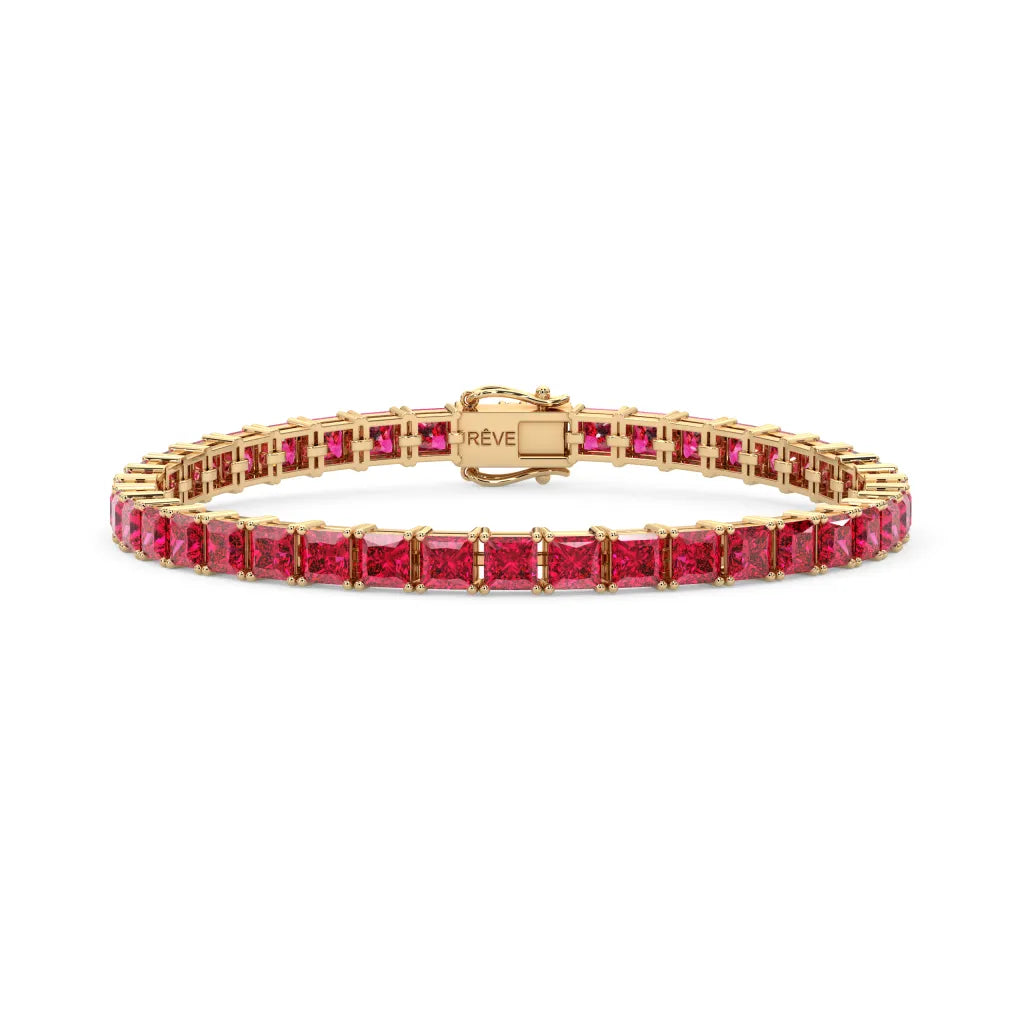 Bracelet de tennis Princess Lab Rose Red Ruby en vermeil d'or jaune 18 carats