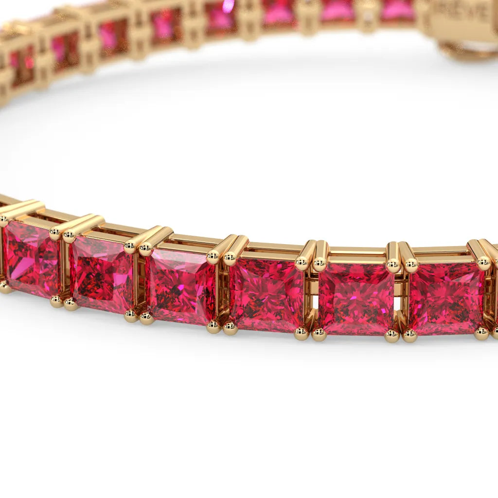 Bracelet de tennis Princess Lab Rose Red Ruby en vermeil d'or jaune 18 carats