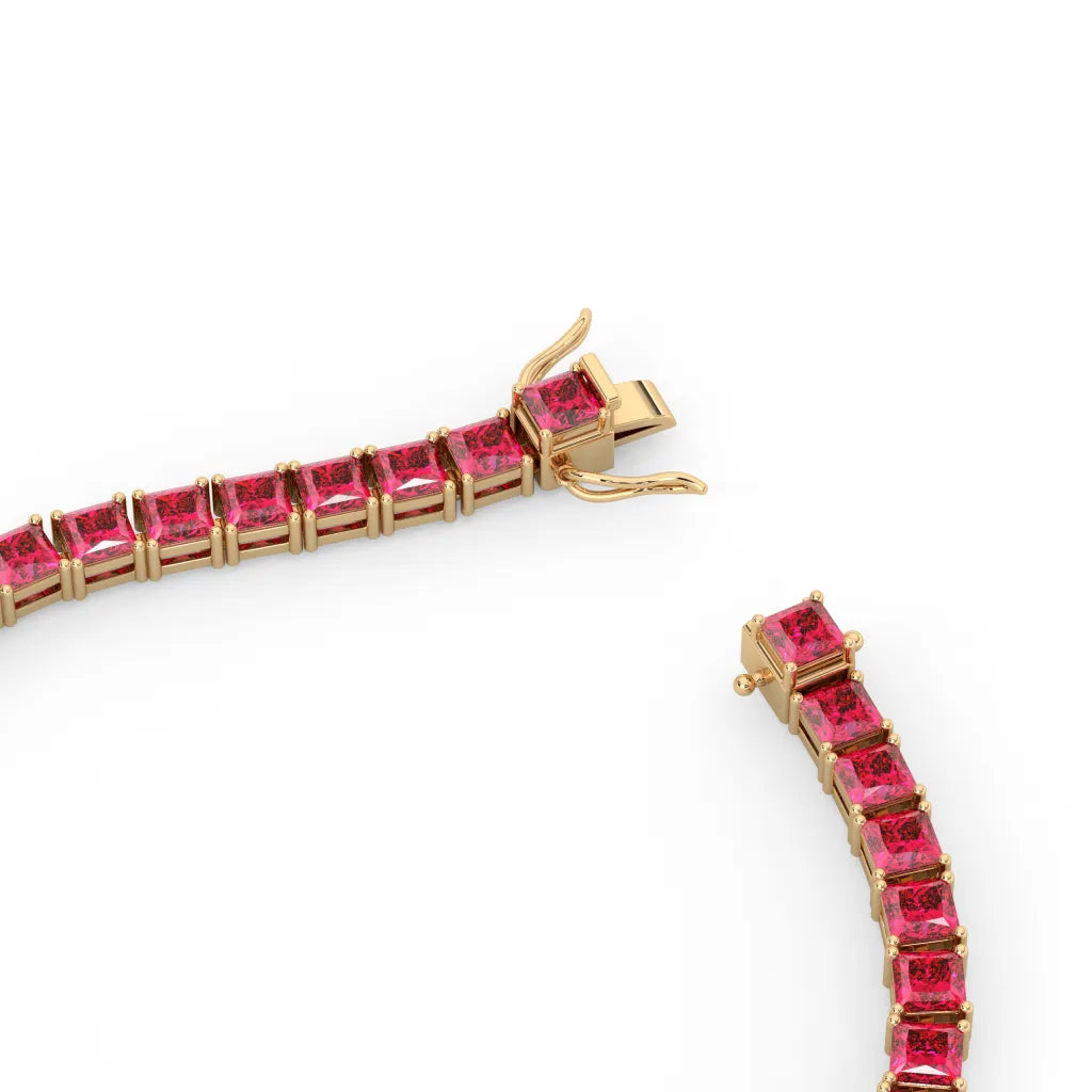 Bracelet de tennis Princess Lab Rose Red Ruby en vermeil d'or jaune 18 carats