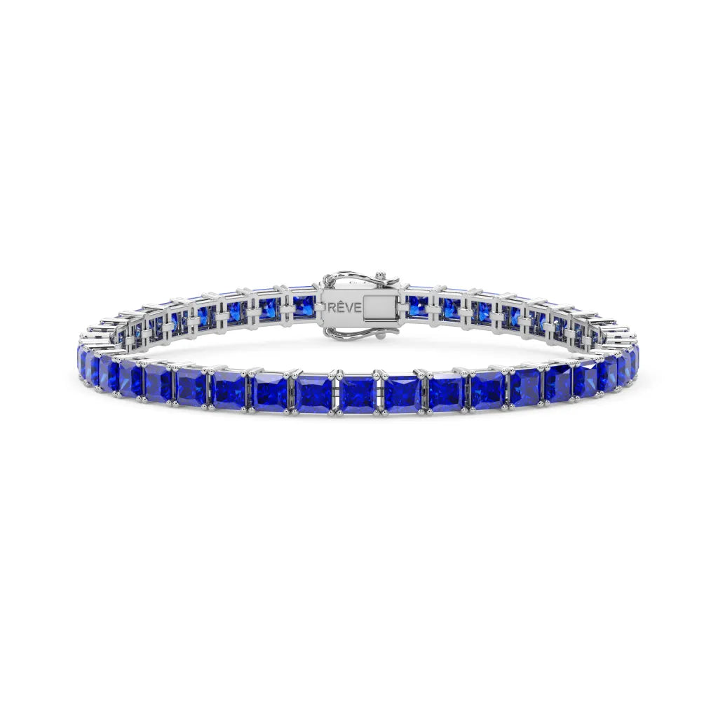 Bracelet de tennis Princess Lab en saphir bleu royal et vermeil en or blanc 18 carats