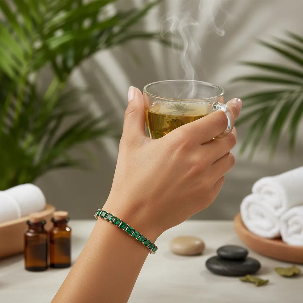 Prinzessin (4 mm) Tennisarmband mit einem im Labor gezüchteten sambischen Smaragd in 18 Karat Roségold-Vermeil