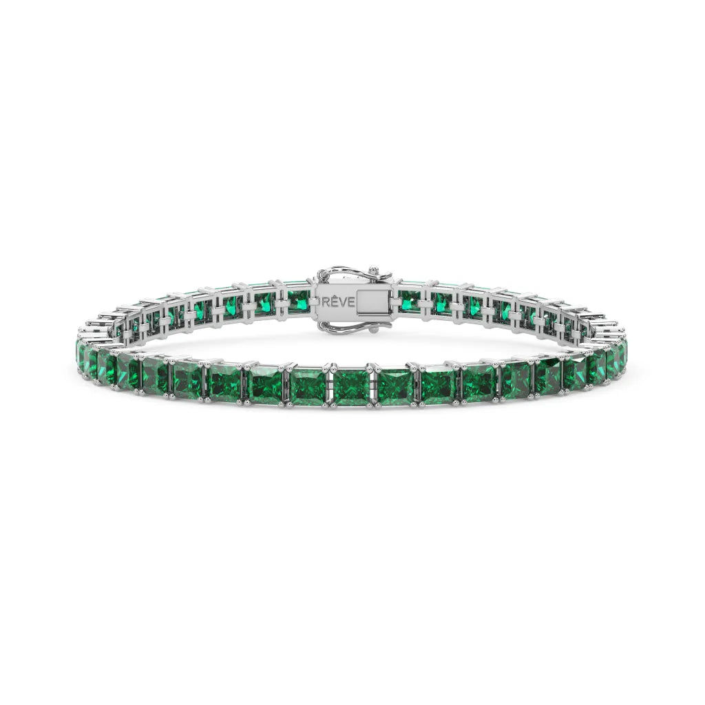 Bracelet de tennis Princess Lab en vermeil d'émeraudes de Zambie et or blanc 18 carats