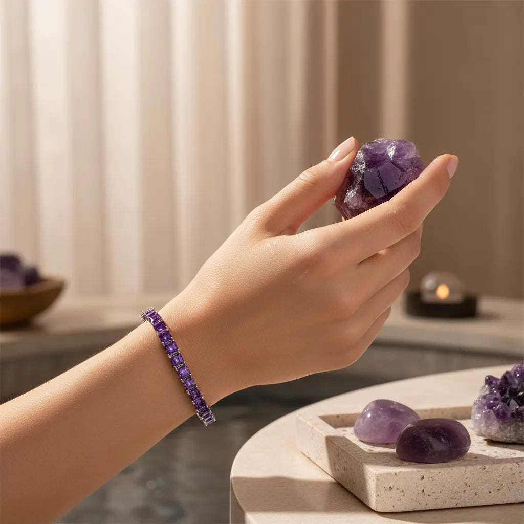 Prinzessin (4 mm) Labor-Saphir-Tennisarmband in Lila aus 18 Karat Weißgold-Vermeil