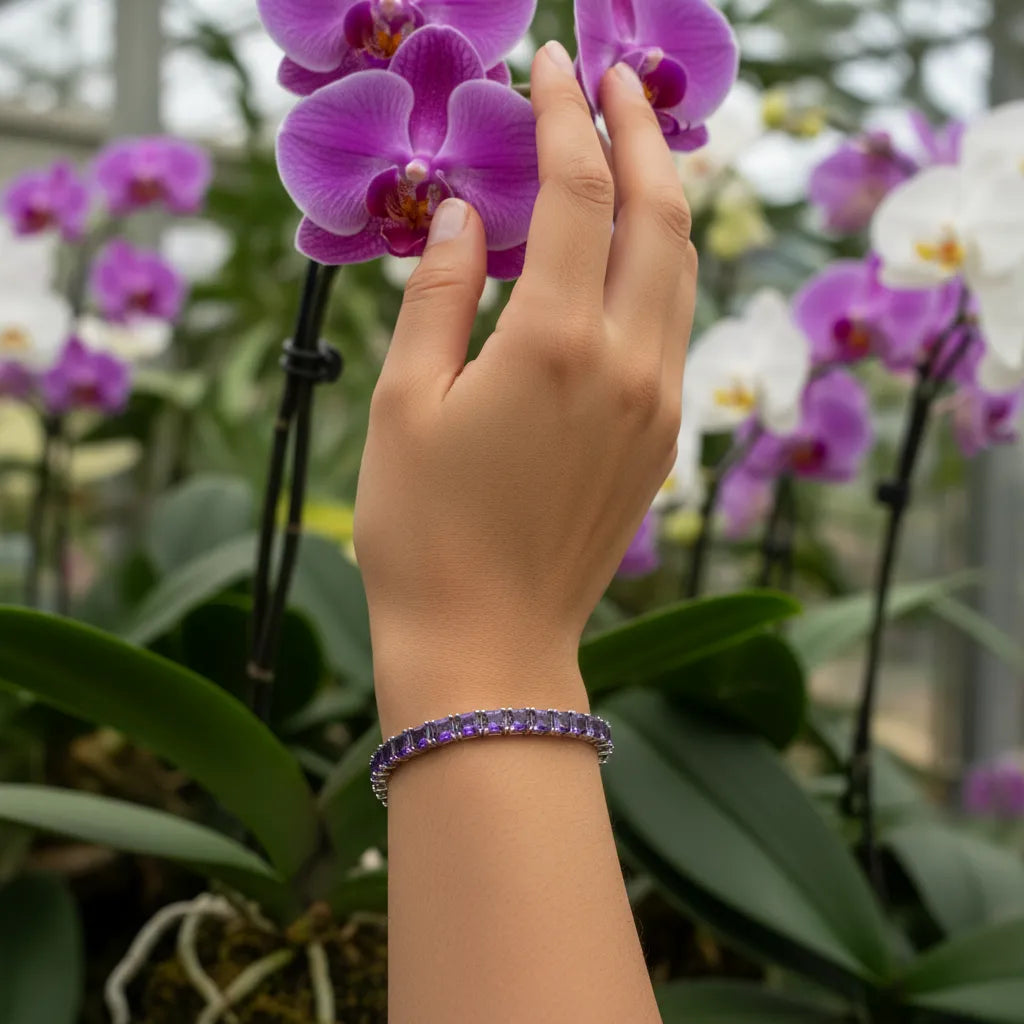 Prinzessin (4 mm) Labor-Saphir-Tennisarmband in Lila aus 18 Karat Weißgold-Vermeil