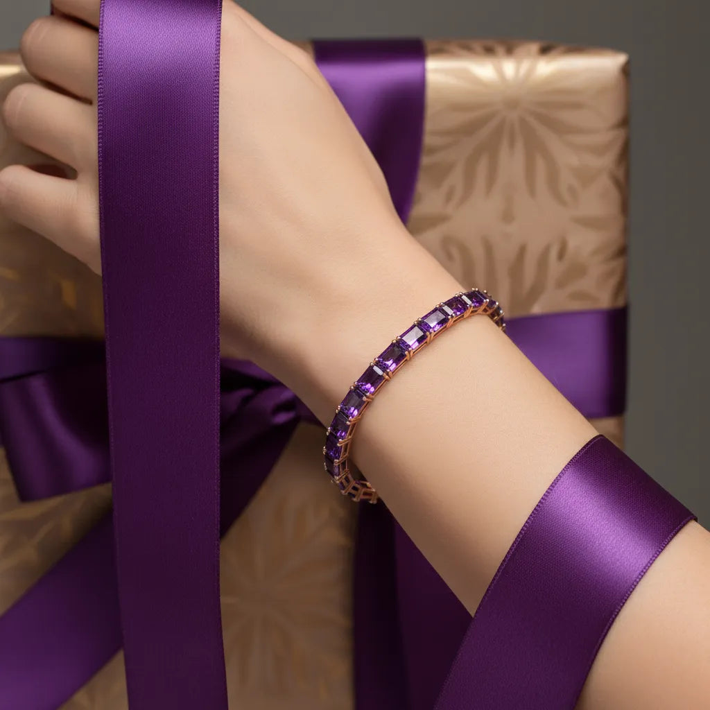 Tennisarmband mit smaragdgeschliffenem (6x4mm) lila Laborsaphir in 18K Roségold-Vermeil