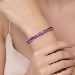 Rundes (4 mm) violettes Laborsaphir-Tennisarmband aus 18-karätigem Roségold-Vermeil