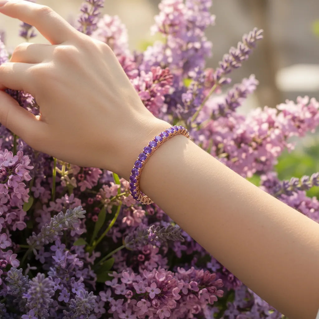 Rundes (4 mm) violettes Laborsaphir-Tennisarmband aus 18-karätigem Roségold-Vermeil