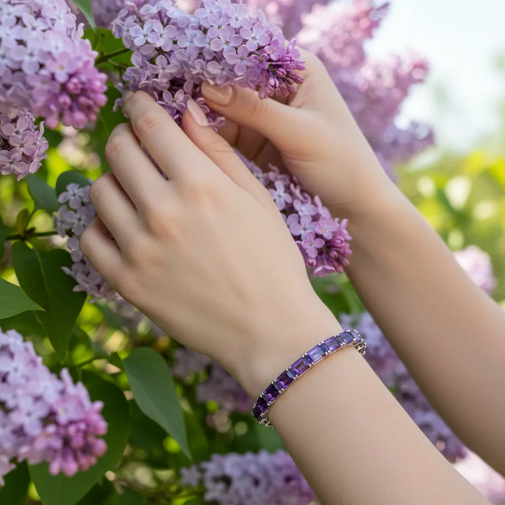 Tennisarmband mit smaragdgeschliffenem (6x4mm) violettem Laborsaphir in 18 Karat Weißgold-Vermeil