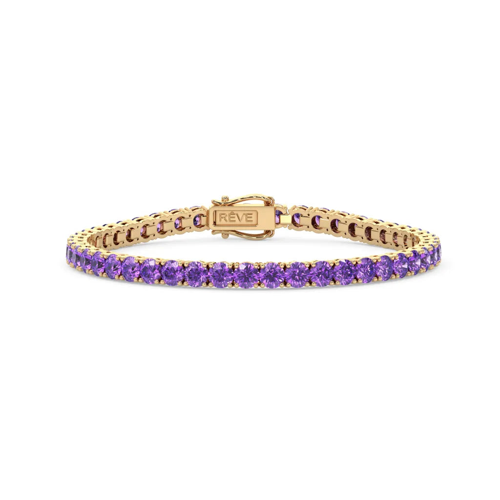Bracelet de tennis en vermeil d'or jaune 18 carats avec saphir violet de laboratoire rond de 11,6 ct