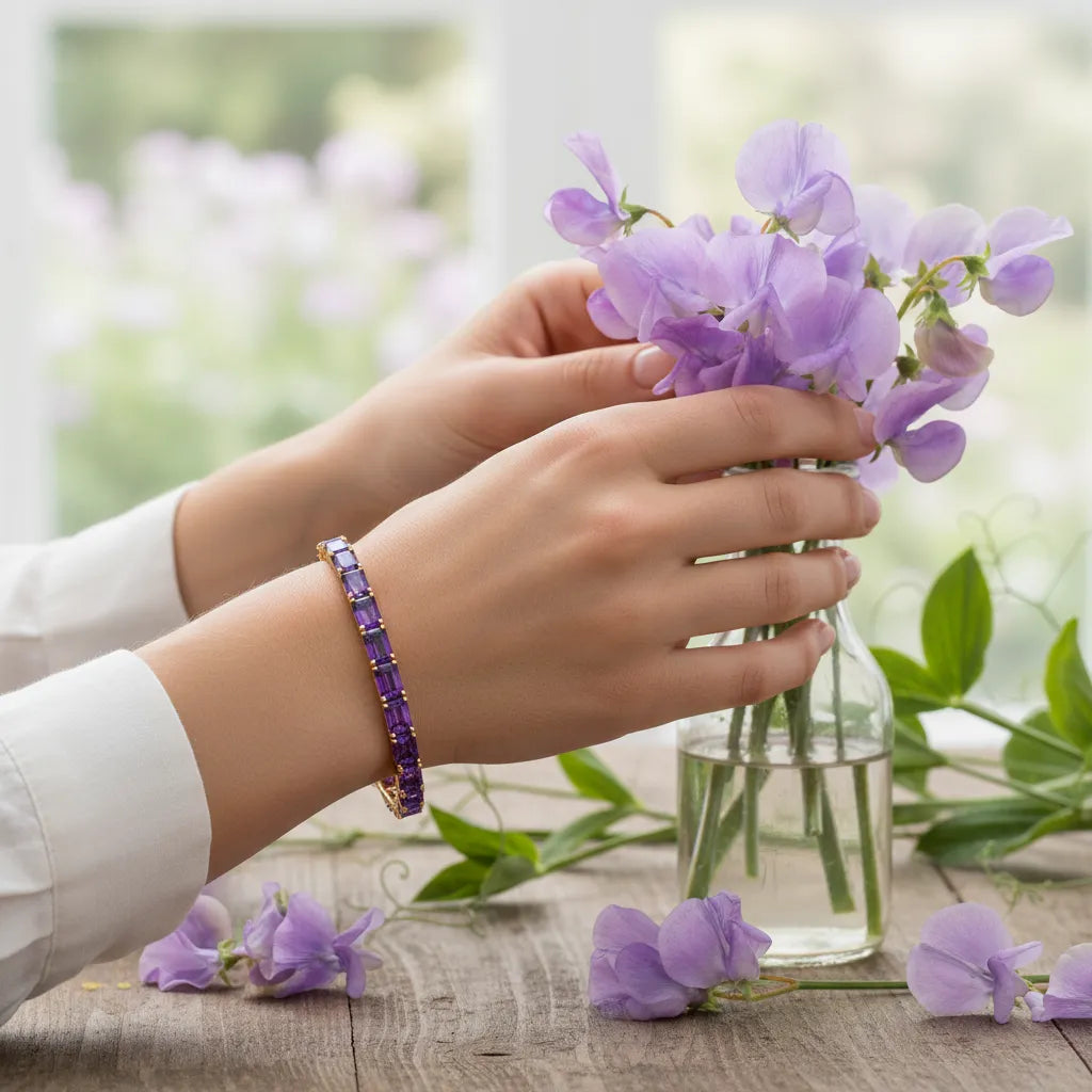 Bracelet de tennis en vermeil d'or jaune 18 carats et saphir violet de laboratoire taille émeraude