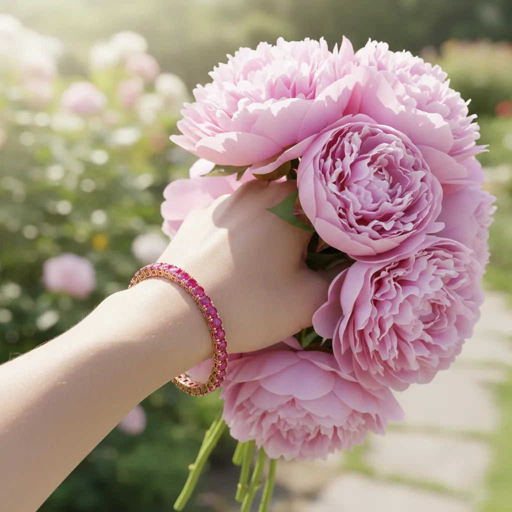 Rundes (4 mm) Tennisarmband mit laborgeprüftem rosarotem Rubin, 18 Karat Roségold-Vermeil